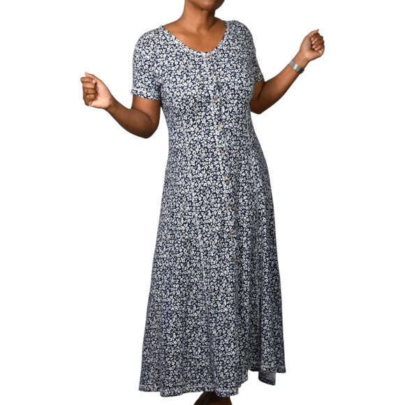 Vintage Eddie Bauer Maxi Dress Blue Floral Button Front Shirtdress Medium Petite - Picture 14 of 16